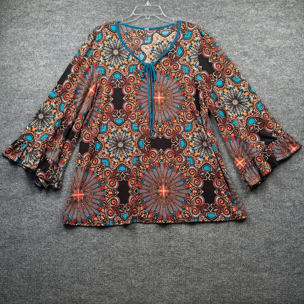 Boho Mandala Print Womens Blouse Size L/XL Bell Sleeve Tie Neck Ruffle Cuff